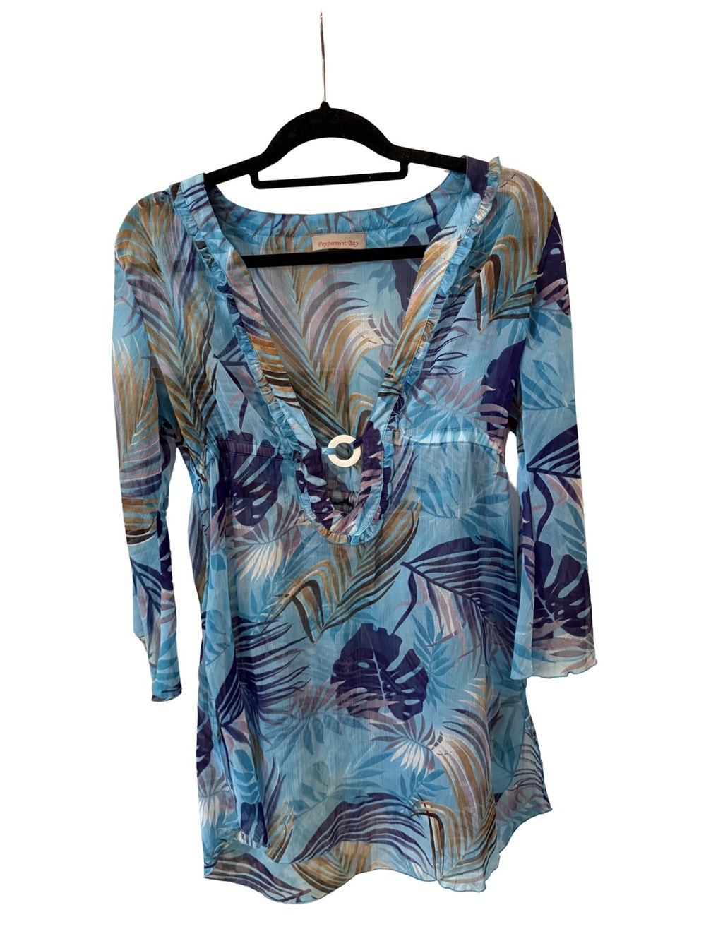 Peppermint Bay - Light Blue Tropical Print V-Neck Tunic Top Size Small